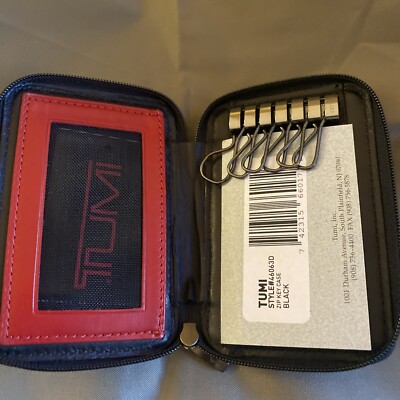 Tumi Soft Black Leather 6 key Valet Zip Case w Red Trimmed Inside ID Window NWT