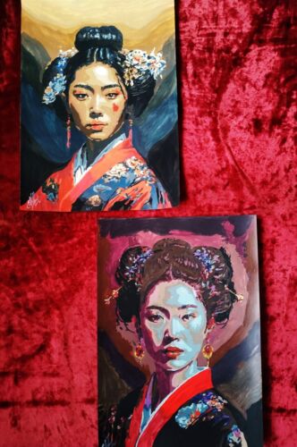 Zestaw dwóch plakatów portretowych "Japońska gejsza dziewczyna", ręcznie robiona - Zdjęcie 1 z 4
