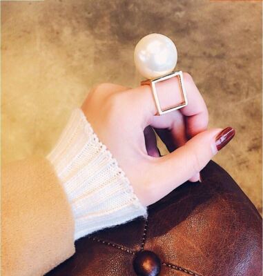 Chunky Ring Huge Big Gemstone Round Square Mother of Pearl Gold White Statement
