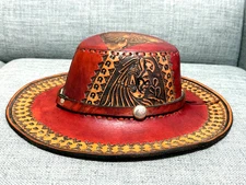 Vintage 1960s Hand Tooled Mexican Leather Cowboy Hat Aztec Eagle Design Rare