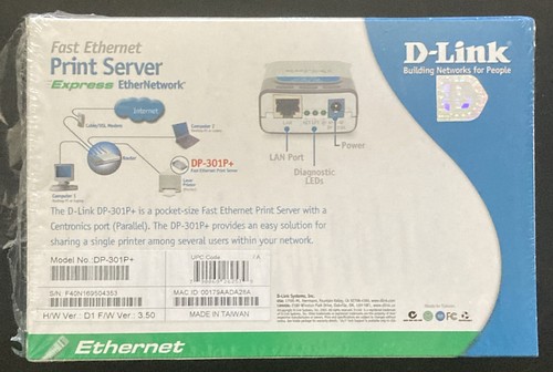 D-Link DP-301P+ Fast Ethernet Parallel 1 Centronics Port Print Server Open Box - Picture 4 of 5