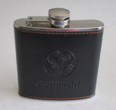 Jägermeister Edelstahl Flachmann Lederoptik  Stainless Steel 6oz Schriftzug/Logo