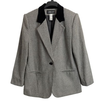 Sag Harbor Womens 12 Houndstooth Blazer Black White Velvet Collar Wool Blend