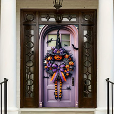 Halloween Door Cover Banner Witch Hat Pumpkin Design 71X35 Inch Spooky Door Sign