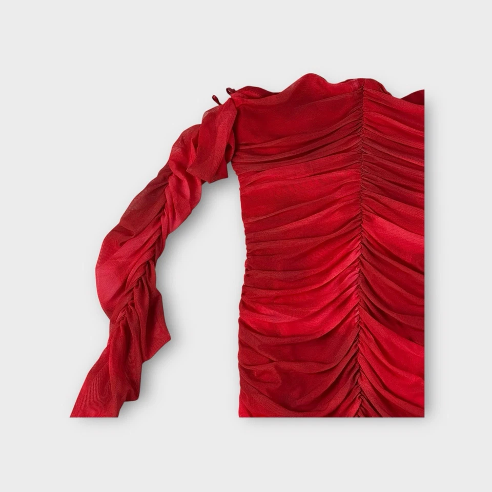 Zara Red Long Sleeve Off The Shoulder Scrunch Dress Womens USA XS New Tags - image 4 of 4