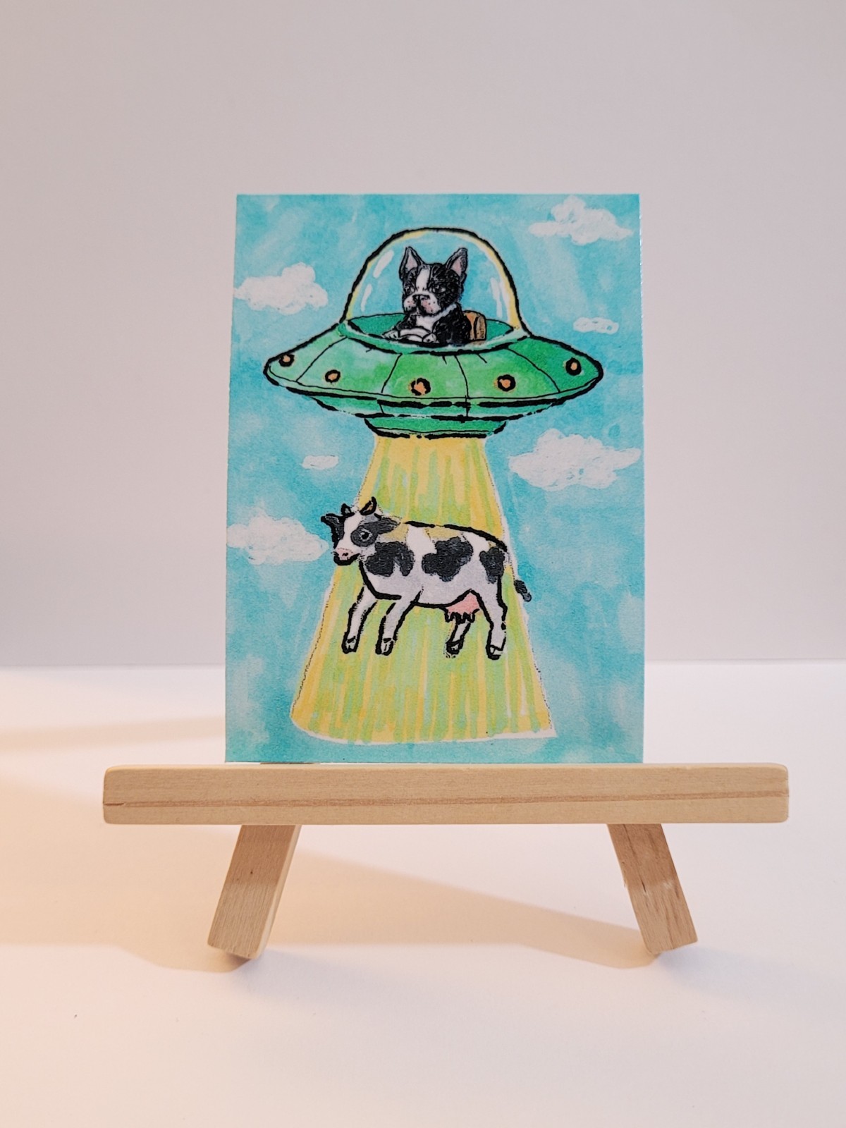 ACEO PRINT Boston Terrier UFO Dog Folk Art Illustration Signed by Artist