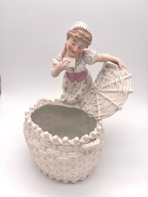 Antique German Bisque Porcelain Girl Basket Figural Vase Conta Boehme Attributed