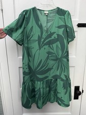 A New Day Womens L Green Botanical Floral Drop Waist Ruffle Hem Dress