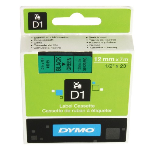 Dymo 45019 D1 LabelMaker Tape 12mm x 7m Black on Green S0720590