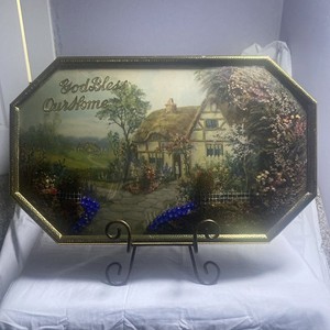 Antique Convex Bubble Glass Framed Diorama God Bless Our Home Wall Art
