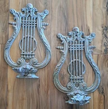 2 Vintage Cast Iron Harp Design Candle Holders Wall Mount 11"Tx7"W, See Photos 