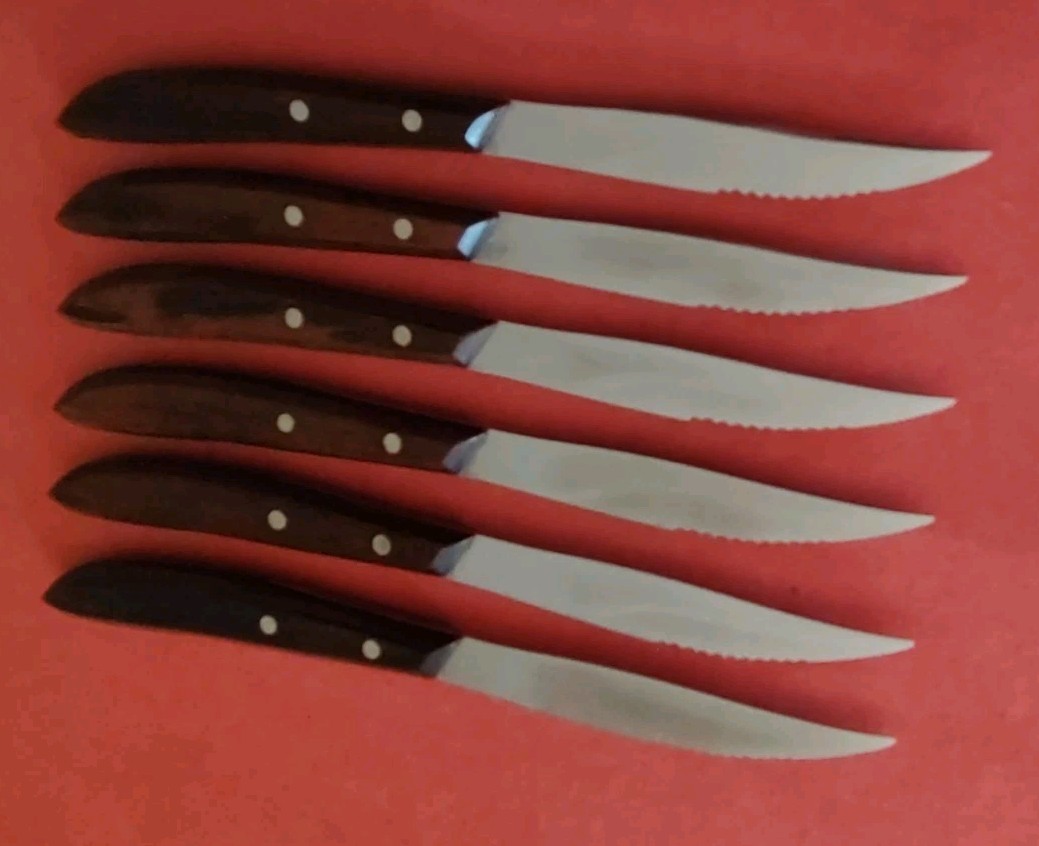 6 Russell Serrated Steak Knives Rosewood Handle USA MCM Rack Orig Box Dexter