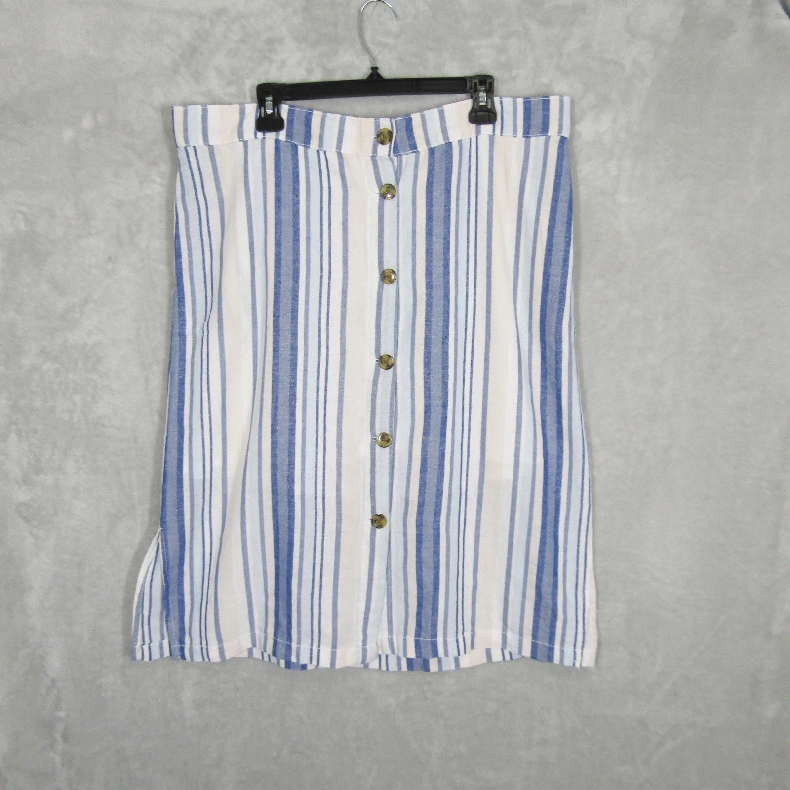 Dash XL Skirt Blue White Striped Button Front Linen Blend Casual Knee Length