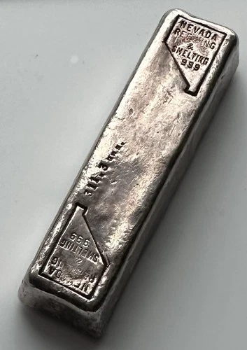 Nevada Refining & Smelting 10 Oz. 999 Fine Old Pour Silver Bar - Very Scarce