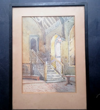 Antique Watercolour Painting, Manor House Interior Scene, Staircase, Furniture