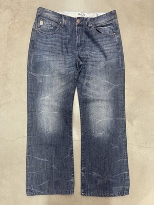 Marc Ecko Cut & Sew Jeans Mens 34x30 Blue Bootcut Whiskers Denim Embroidered