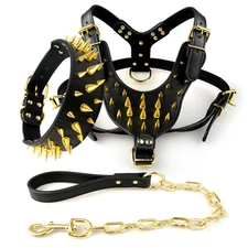 Spiked Studded Dog Leather Harness&Collar&Chain Leash Large Big Dog Vest Pitbull