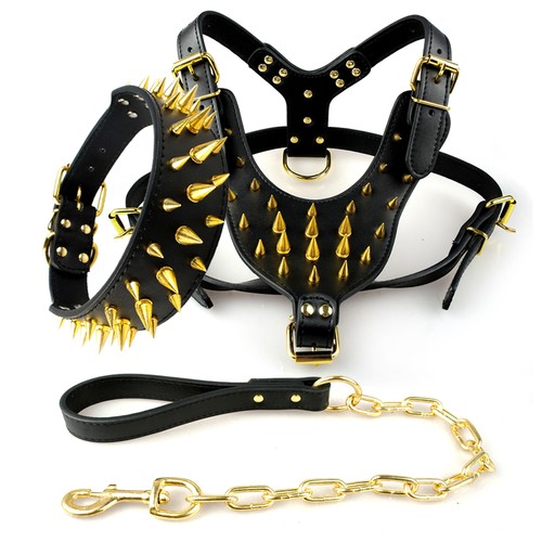 Spiked Studded Leather Large Dog Harness & Collar & Lead set for Pitbull Boxer - Afbeelding 1 van 5