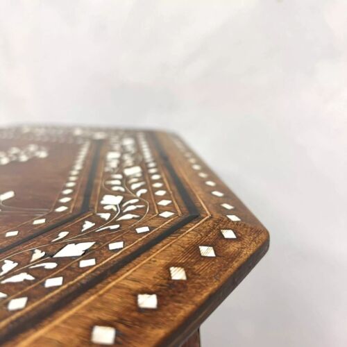 Wooden Coffee Table, Side Table, Bone Inlaid Round Folding 1950s Anglo-Indian - Picture 15 of 18
