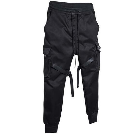 Men Cargo Pants Black Ribbons Block Multi-Pocket Harem Joggers