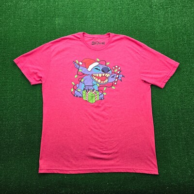 Disney Lilo & Stitch Tshirt Mens XL Red Christmas Santa Lights Candy Cane