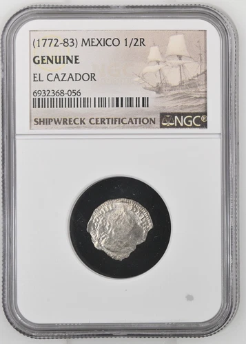 1772-1783 Mexico 1/2 Real El Cazador Silver Shipwreck Coin NGC Graded #056