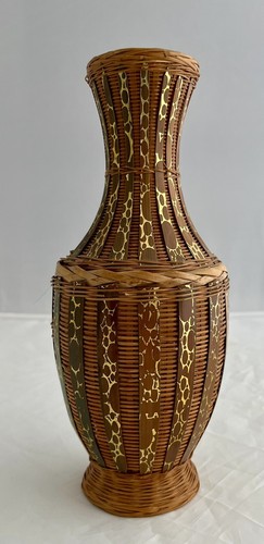 Vintage Wood & Rattan Wicker Vase Candle Holder with Golden Maroon Green Accents - Picture 2 of 6
