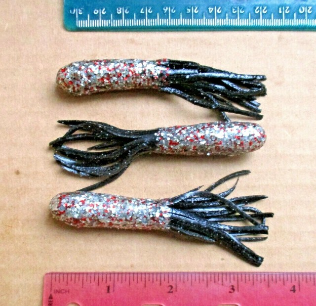 10ct SILVER RED Flake BLACK Tails 3.5" Hollow TUBES Tube Baits Bass Bed