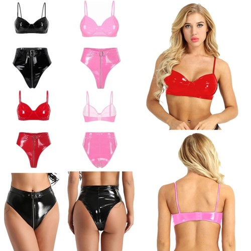 Conjunto de lencería de cuero para mujer Bralette con correa sujetador push up tops y bragas con cremallera - Imagen 3 de 40