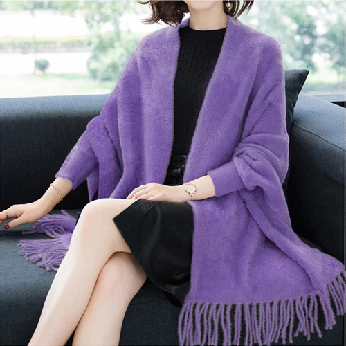 Womens Cape Poncho Outwear Warm Elegant Faux Fur Tassel Sleeves Shawl Cloak Coat - Bild 18 von 32