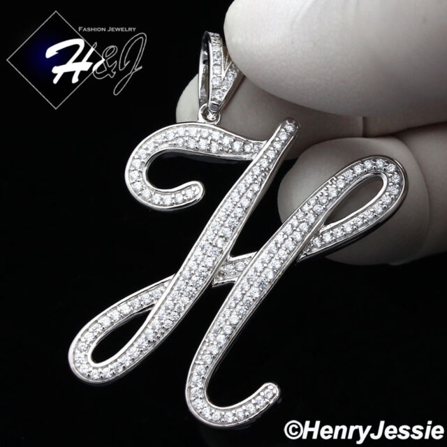 MEN WOMEN 925 STERLING SILVER ICY CUBIC ZIRCONIA INITIAL LETTER "H" PENDANT*S141