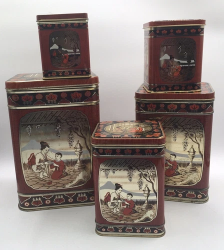 Vtg Asian Themed Hinged Tin Tea Storage Boxes Canister Set Of 5 Made In England
