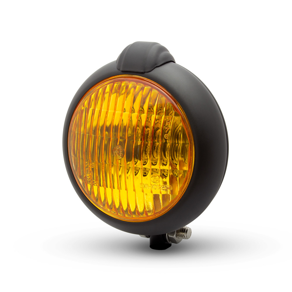 Motorbike Headlight Headlamp with Yellow Lens Retro Project Bates Look - BLACK
