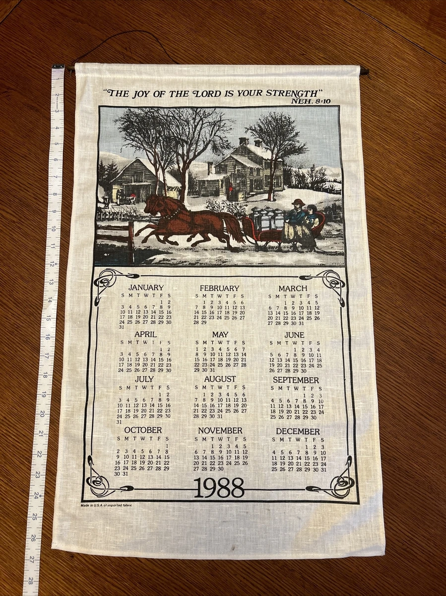 1988 VINTAGE FABRIC LINEN WALL HANGING CALENDAR SLEIGH HORSES FARM COUNTRY  BIBLE | eBay