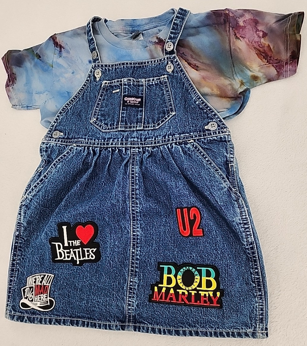 OshKosh B’Gosh Denim Overall Dress Girl's Size 4 Tie Dye Shirt XS Music Upcycled image 6