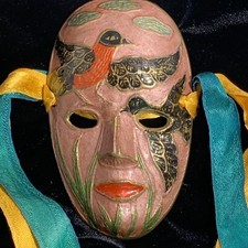 2 Vintage Brass Masks Enamel Mardi Gras 4 x2-1/2 Jester Drama Harlequin Clown