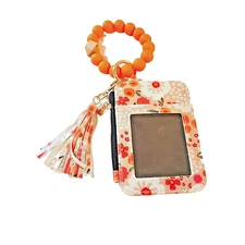 Floral ID Wallet Keychain Wristlet with Tassel – Coral Bead Bracelet Style Boho