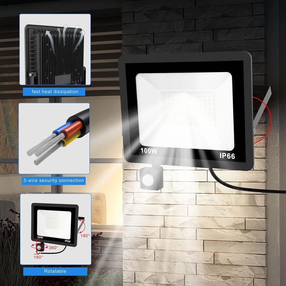 50W-100W LED Floodlight Motion Sensor Security Garden Outdoor PIR Flood Light - Image 3 of 4