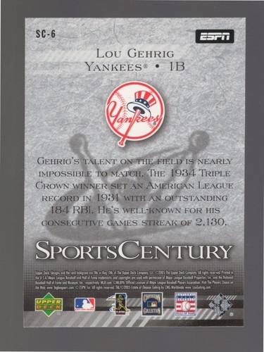 2005 Upper Deck ESPN Lou Gehrig SportsCentury #SC-6 - Picture 2 of 2