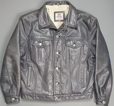 Levi s Leder Trucker Jacke Herren Large Grau Sherpa Western Biker Vintage
