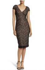 Dress the Population Women's size XS Dress Cap Sleeve Faux Wrap Black Lace Nude
