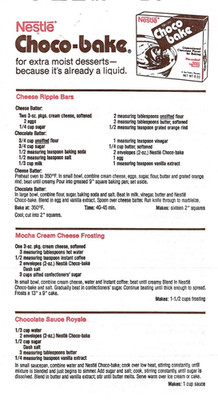 Vintage Nestle Choco Bake Recipes Sheet, Cheese Ripple Bars Chocolate Layer Cake