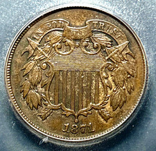 1871 Two Cents 2c Piece ICG AU55 FS-301 RPD Variety