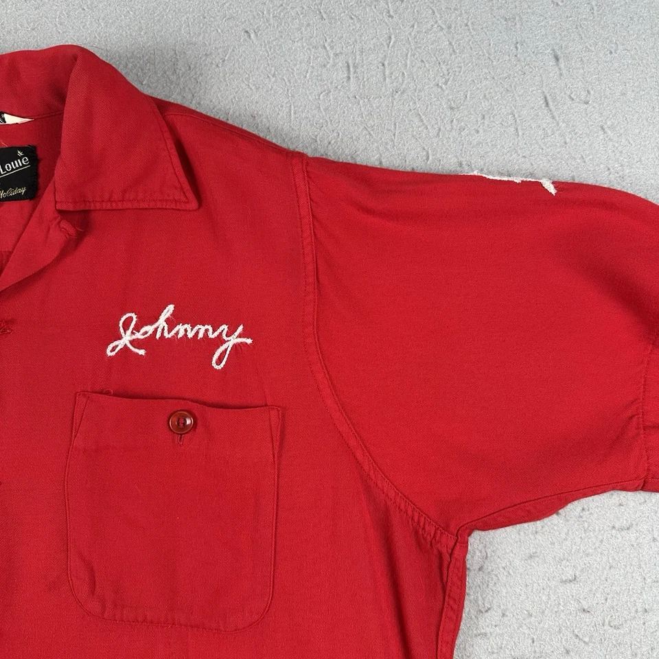 Vtg 50s King Louie Bowling Shirt Men’s Medium Red Loop Collar Chain Stitch - Image 3 of 4
