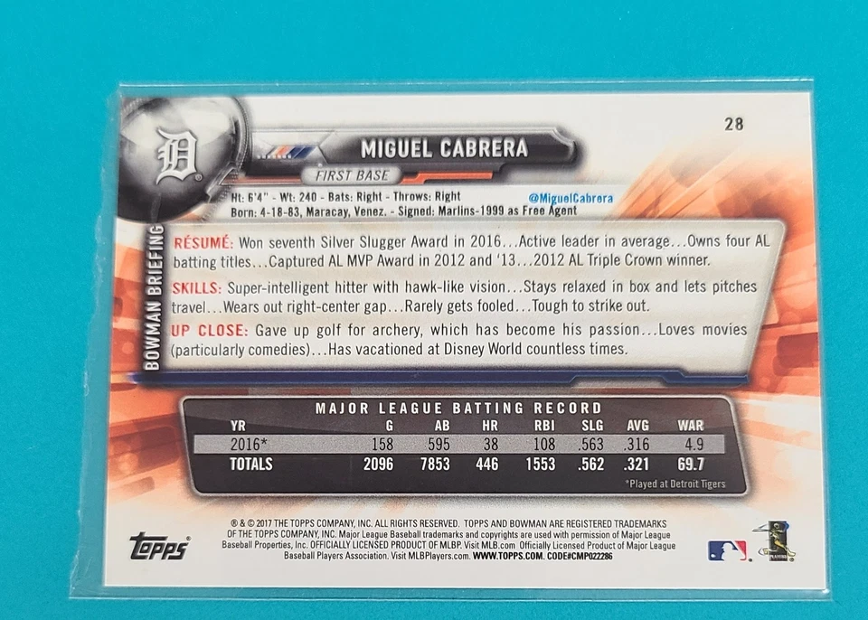 2017 Bowman #28 Miguel Cabrera Detroit Tigers BASEBALL Card R1 - Image 2 of 2