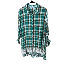 Umgee Plaid Tunic Shirt Lace Trim Roll Tab Sleeve Women XL