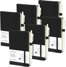 Coopay 6 Pack A6 Pocket Small Notebook with 6 White Pens Bulk Classic Black 