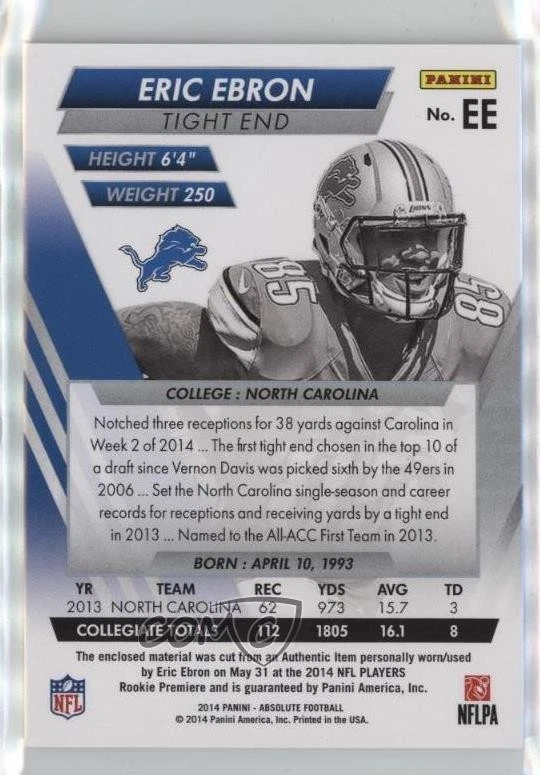 2014 Panini Absolute Rookie Jersey Ball Glove Shoe /20 Eric Ebron #EE RC - Image 2 of 2