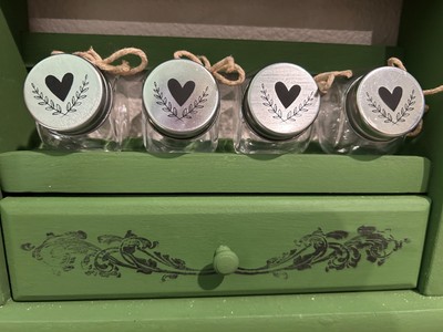 VTG Spice/Herb-Rack 2 Tier 1 Drawer 4 Jars w Emblems & Mini Rolling Pin Upcycled