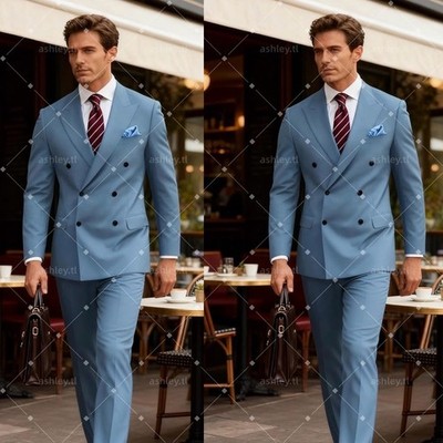 Sky Blue Double Breasted Men Suit 2 Pieces Peak Lapel Slim Fit Blazer Trousers